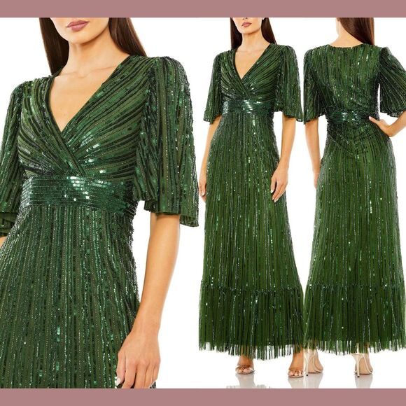 NWT Mac Duggal [ 8 ] 23010 Flutter Sleeve V Neck Ruffle Sequin Gown Green Emeral - Picture 1 of 14